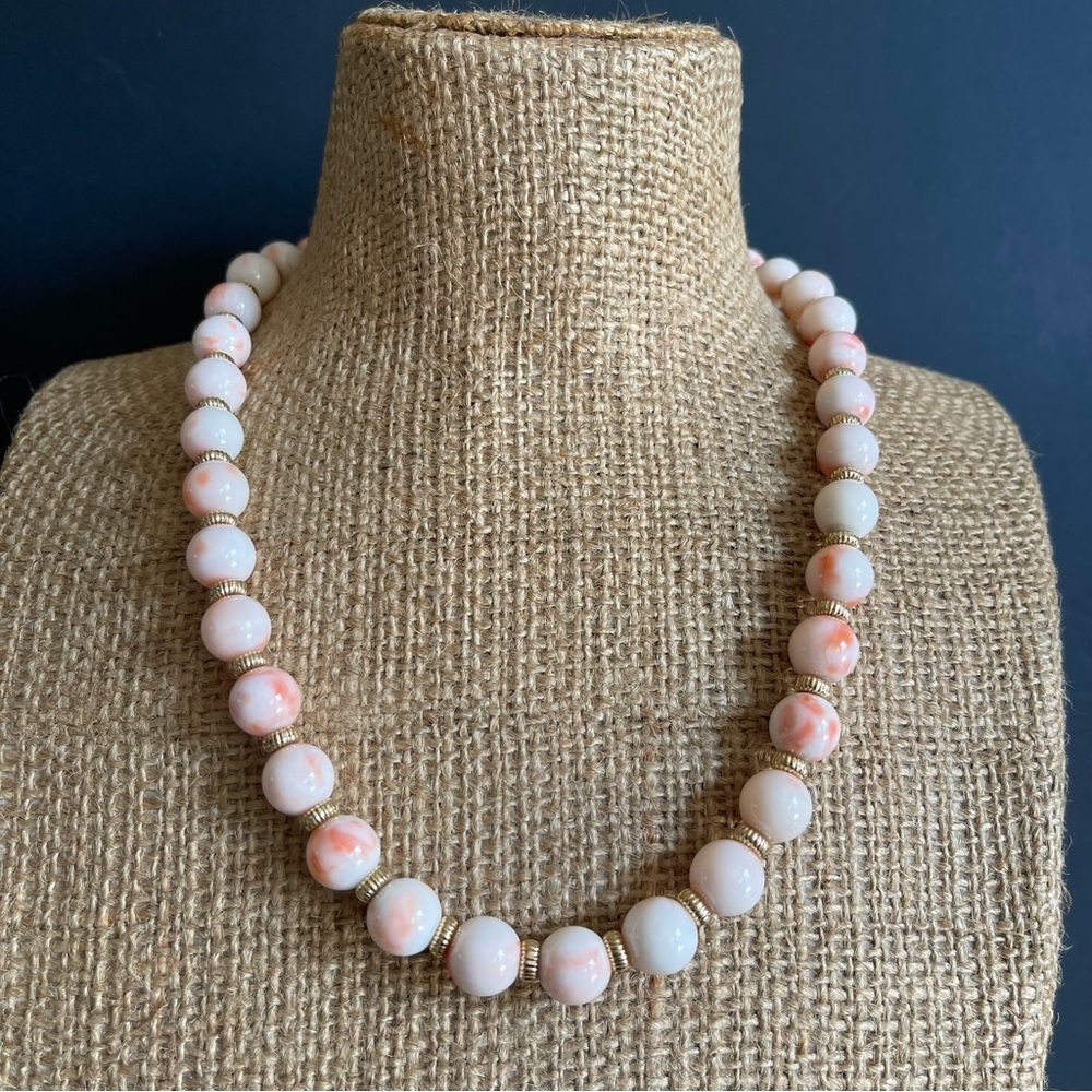 Vintage 11mm angle skin coral and gold tone beaded Necklace.